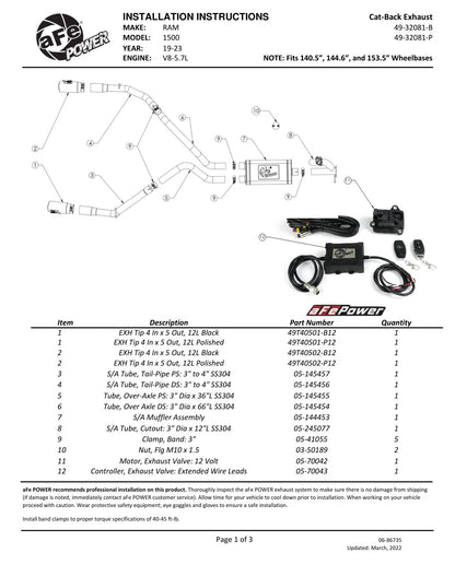 aFe Gemini XV 3in SS Cat-Back Exhaust w/ Cut-Out Polished Tips | Ram 1500 (19-21) (49-32081-P)