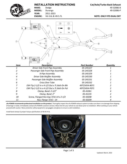 aFe MACH Force-Xp 304 SS Cat-Back Exhaust | Dodge Durango V6-3.6L/V8-5.7L (11-22) (49-32086-B)