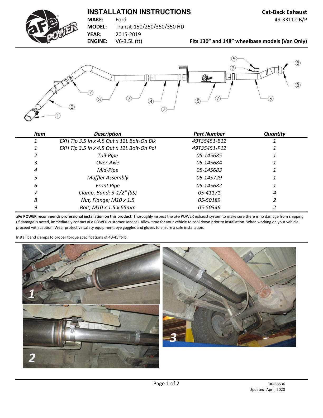 aFe Vulcan 3.5in SS Cat-Back Exhaust | Ford Transit V6 3.5 Twin Turbo (13-19) (49-33112-P)