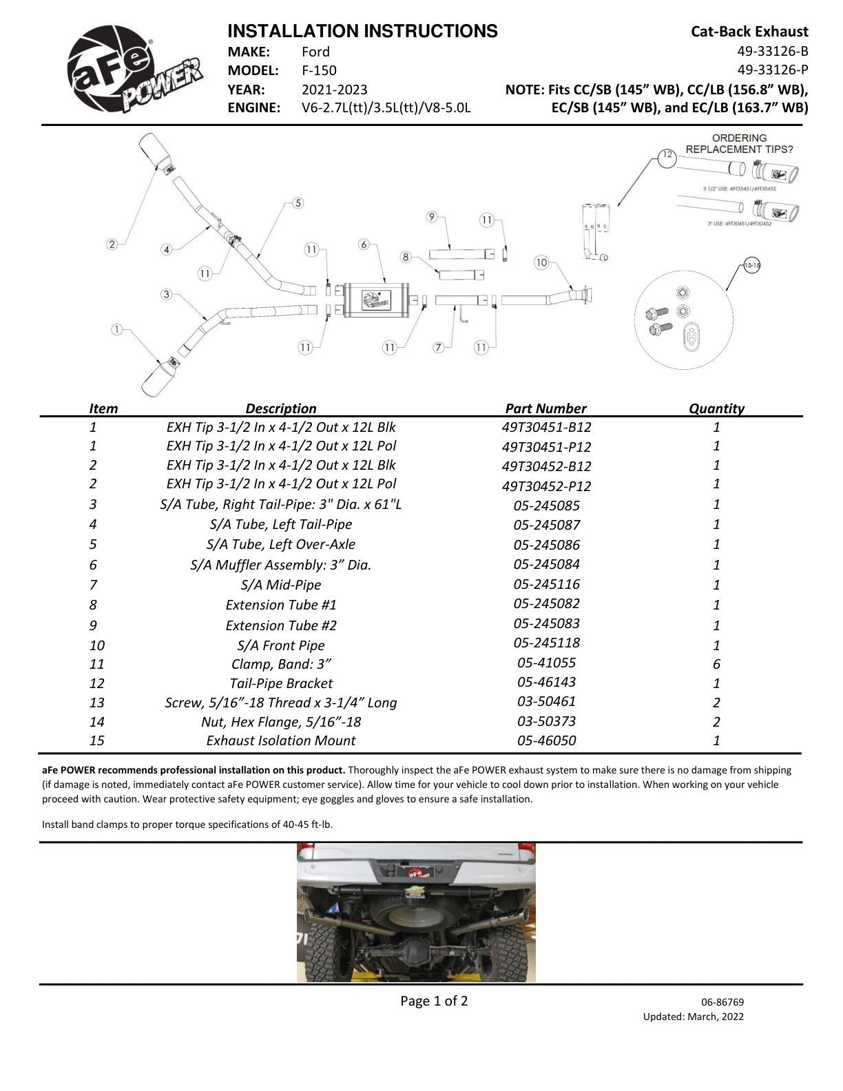 aFe 3in 304 SS D&S Cat-Back Exhaust Dual Side Exit w/ Black Tip | Ford F-150 (21) (49-33126-B)