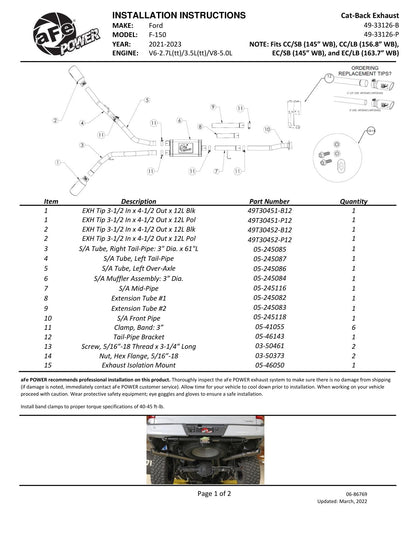 aFe 3in 304 SS D&S Cat-Back Exhaust Dual Side Exit w/ Black Tip | Ford F-150 (21) (49-33126-B)