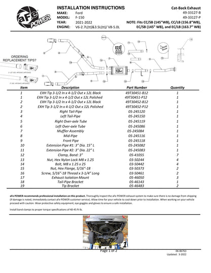 aFe Vulcan Series 3in 304 SS D&S Cat-Back Exhaust | Ford F-150 (21) (49-33127-P)