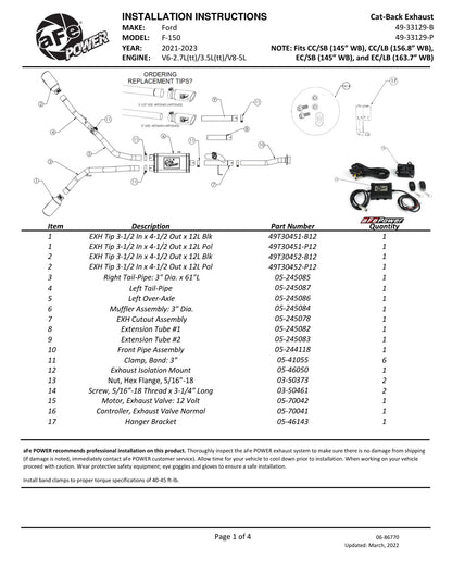 aFe Gemini XV 3in SS Cat-Back Exhaust w/ Cut-Out Black Tips | Ford F-150 (21-24) (49-33129-B)