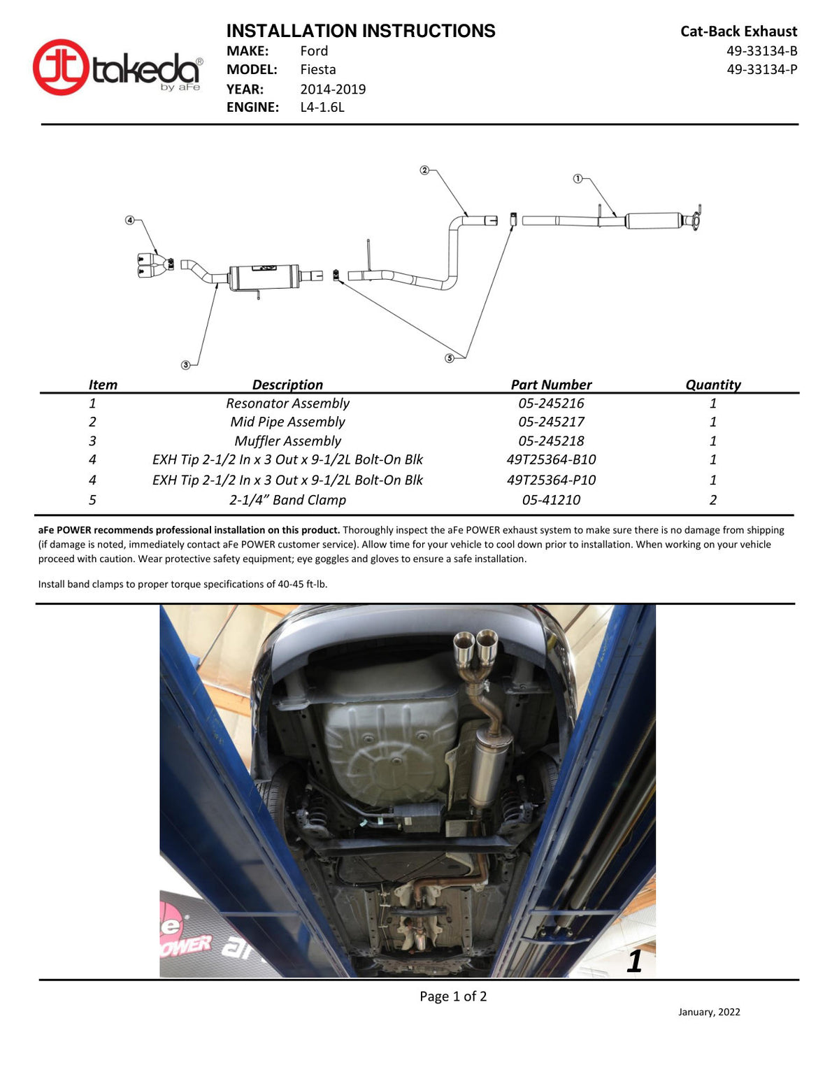 aFe Takeda Series 2 1/2in 304 SS Cat-Back | Ford Fiesta (14-19) L4-1.6L w/ Black Tip (49-33134-B)