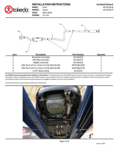 aFe Takeda Series 2 1/2in 304 SS Cat-Back | Ford Fiesta (14-19) L4-1.6L w/ Black Tip (49-33134-B)
