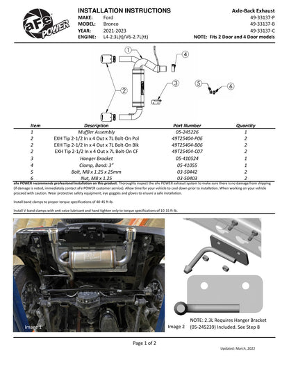 aFe Vulcan 3in to 2.5in SS Axle-Back Exhaust Ford Bronco (21-22) (49-33137-B)