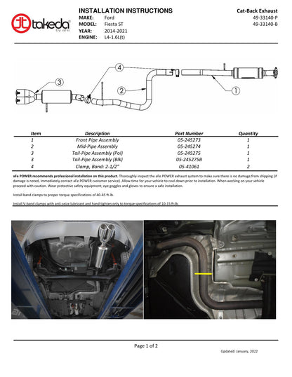 aFe Takeda 2.5in SS Cat-Back Exhaust | Ford Fiesta ST (14-19) (49-33140-P)