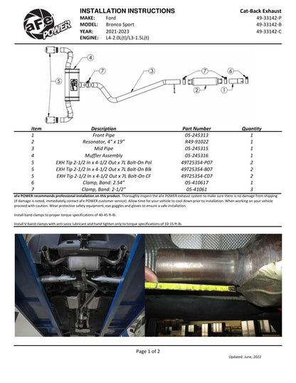 aFe 2.5in SS Vulcan Cat-Back Exhaust | Ford Bronco Sport (21-23) (49-33142-C)