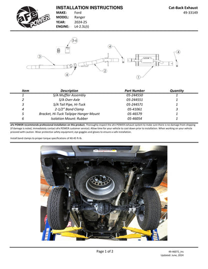 aFe 2.5in SS Cat-Back Exhaust | Ford Ranger L4-2.3L (24+) (49-33149)