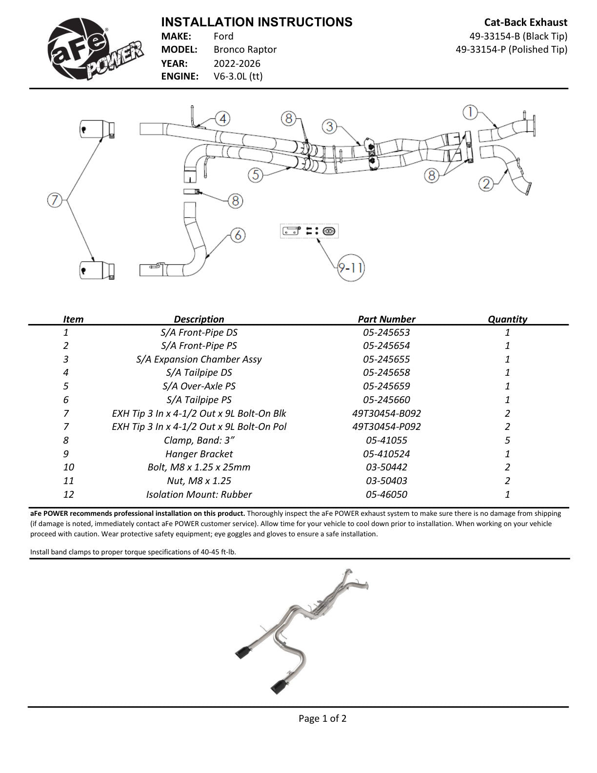 aFe Power 49-33154-B Exhaust System Kit for 22-26 Ford Bronco Raptor 3.0