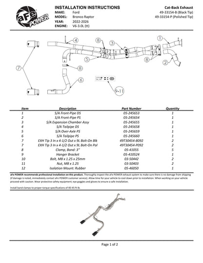 aFe Power 49-33154-P Exhaust System Kit for 22-26 Ford Bronco Raptor 3.0