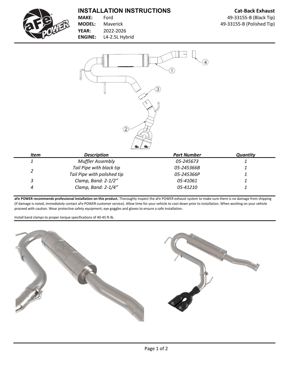aFe 49-33155-P Cat-Back Stainless Steel w/ Polished Tip For Ford Maverick 22-26