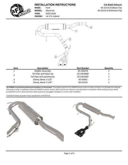 aFe 49-33155-P Cat-Back Stainless Steel w/ Polished Tip For Ford Maverick 22-26