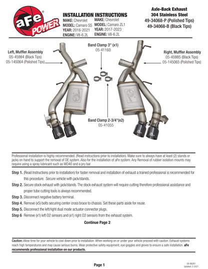aFe 3in SS Axle-Back | Chevy Camaro SS ZL1 (16-17) (49-34068-B)