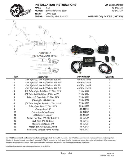 aFe Gemini XV 3in SS Cat-Back Exhaust w/ Cut-Out Black Tips | Silverado 1500 (09-18) (49-34131-B)