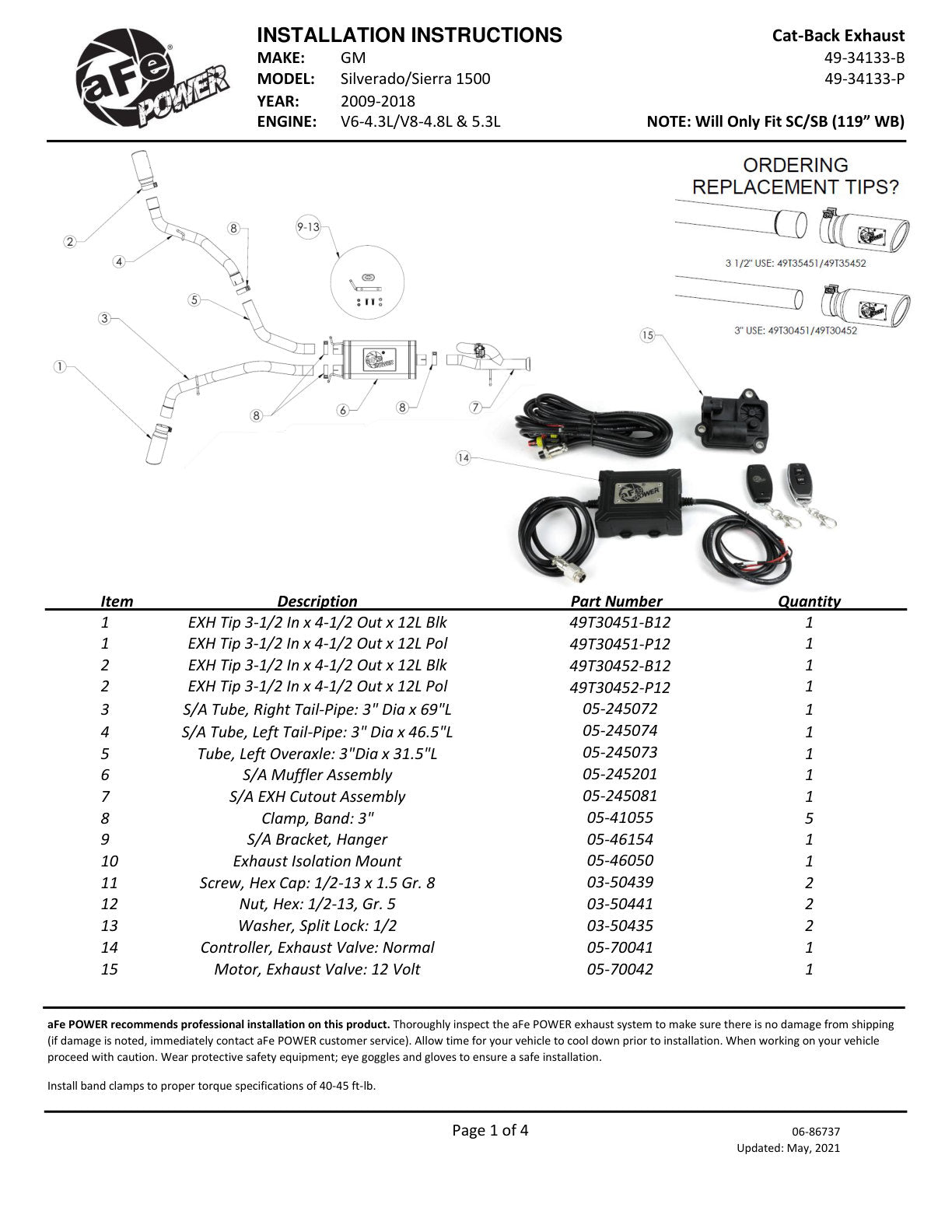 aFe Gemini XV 3in SS Cat-Back Exhaust w/ Cut-Out Black Tips | Silverado 1500 (09-18) (49-34133-B)