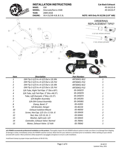 aFe Gemini XV 3in SS Cat-Back Exhaust w/ Cut-Out Black Tips | Silverado 1500 (09-18) (49-34133-B)