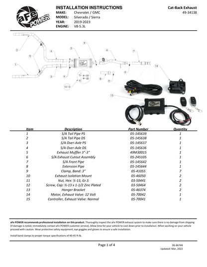 aFe Gemini XV 3in SS D&S Cat-Back Exhaust w/ Cut-Out | Chevy Silverado 1500 (19-22) (49-34138)