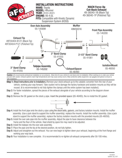 aFe 2-1/2in SS Cat-Back Exhaust | Toyota 4Runner V6 (10-19) (49-36040-1B)