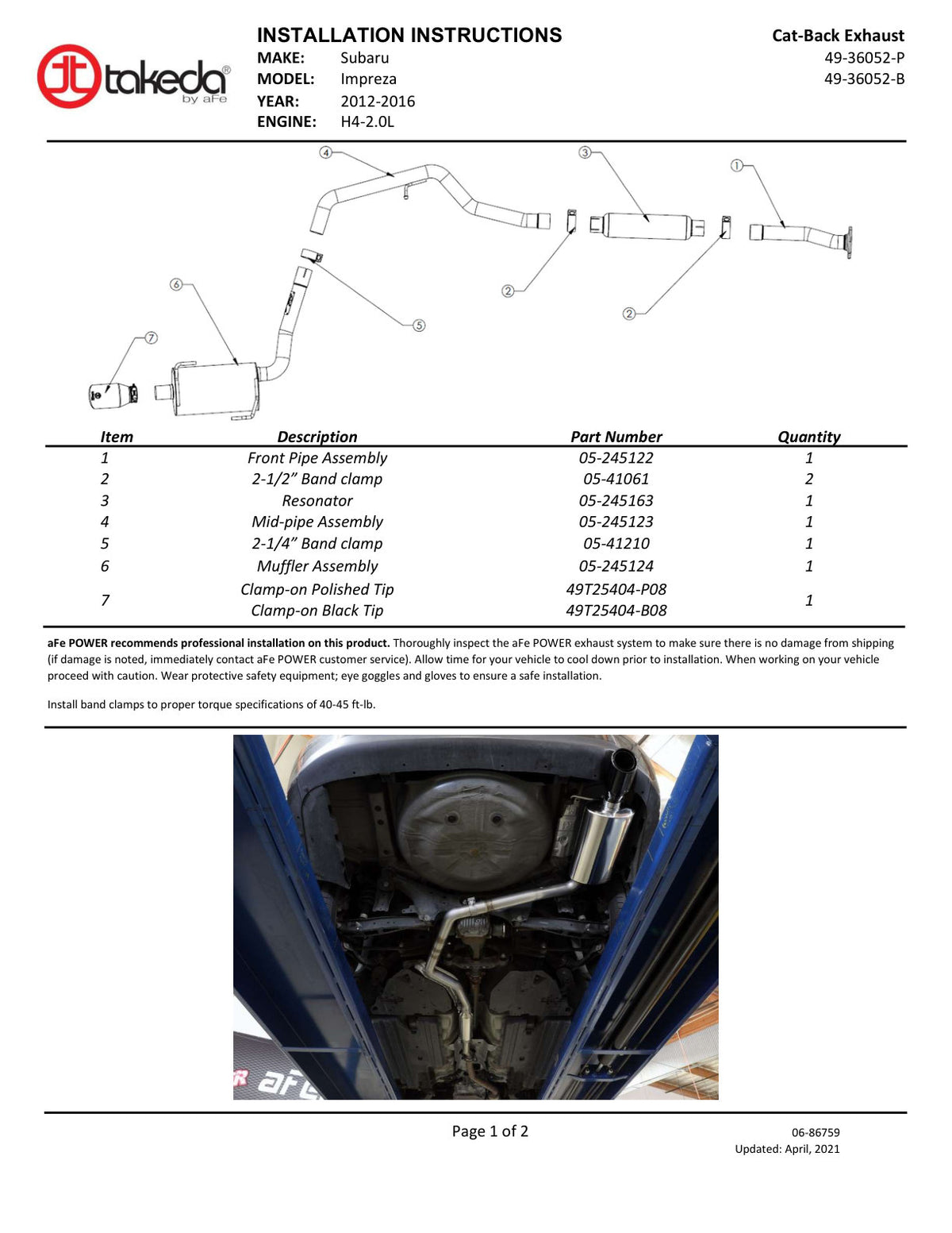 aFe Takeda 2-1/4in SS Cat-Back w/ Polished Tip | Subaru Impreza 2.0L (12-16) (49-36052-P)