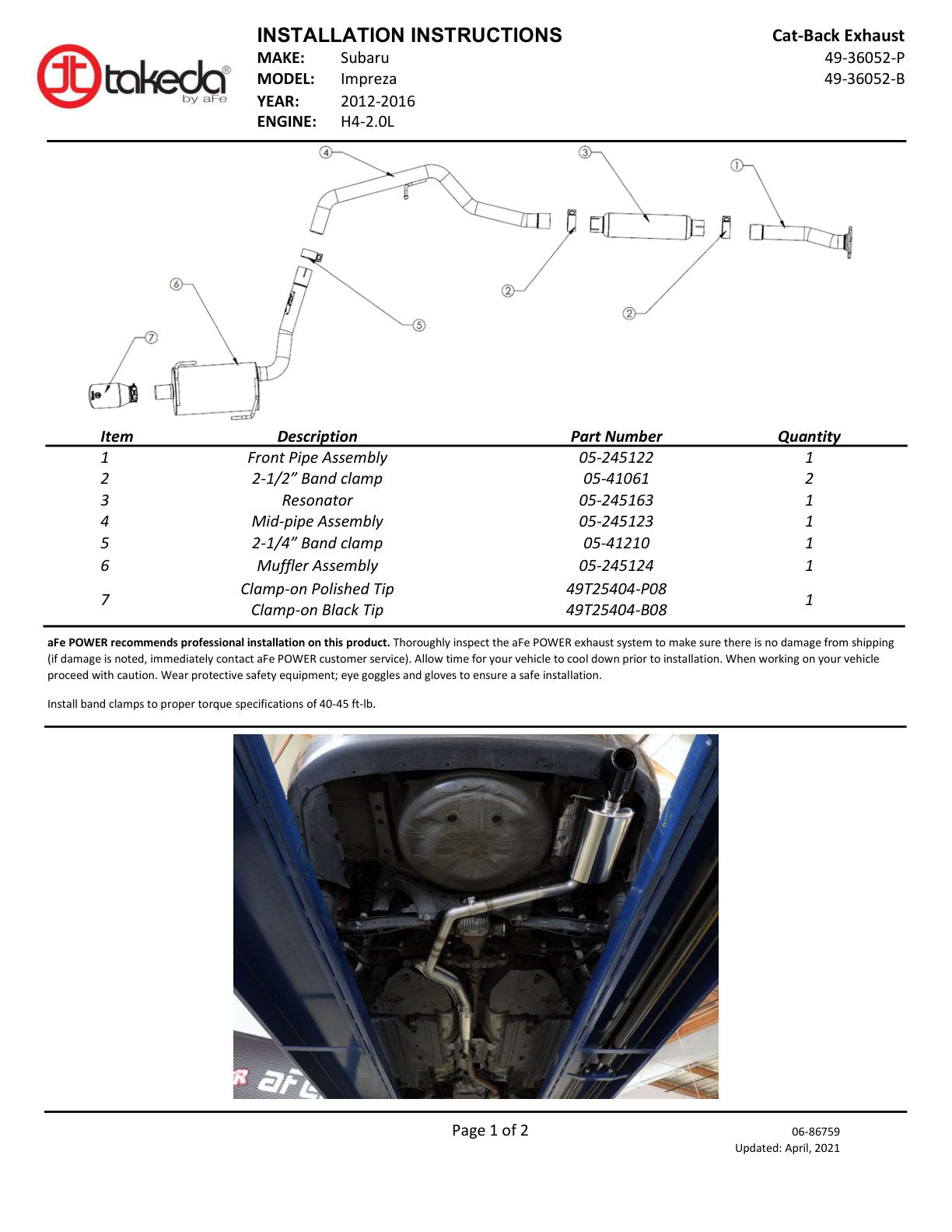 aFe Takeda 2-1/4in SS Cat-Back w/ Polished Tip | Subaru Impreza 2.0L (12-16) (49-36052-P)