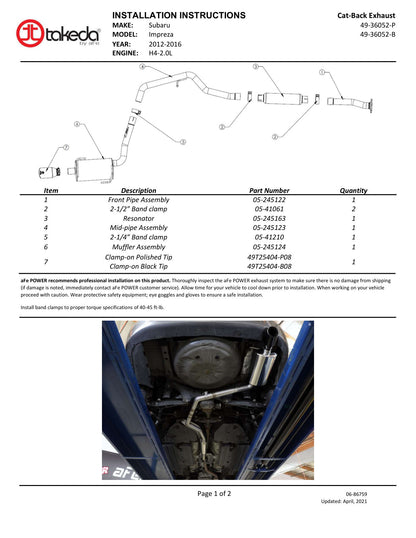 aFe Takeda 2-1/4in SS Cat-Back w/ Polished Tip | Subaru Impreza 2.0L (12-16) (49-36052-P)