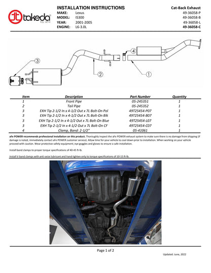 aFe Lexus IS300 01-05 L6-3.0L Takeda Cat-Back Exhaust System | Lexus IS300 (01-05) (49-36058-C)
