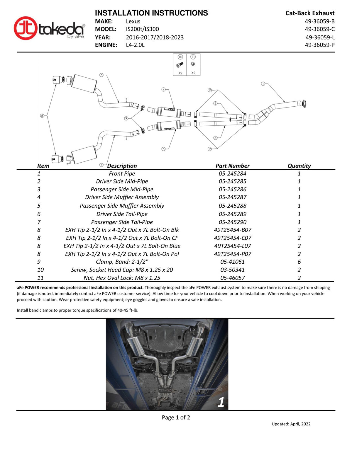 aFe Takeda 16-17 Lexus IS200t 2.5in-3in 304 SS CB Exhaust | Lexus IS200t (16-17) (49-36059-C)