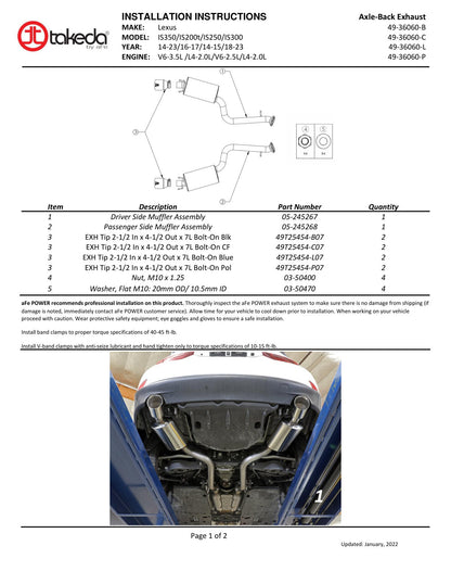 aFe Takeda Axle-Back Exhaust | Lexus IS 14-22 V6-3.5L (49-36060-P)