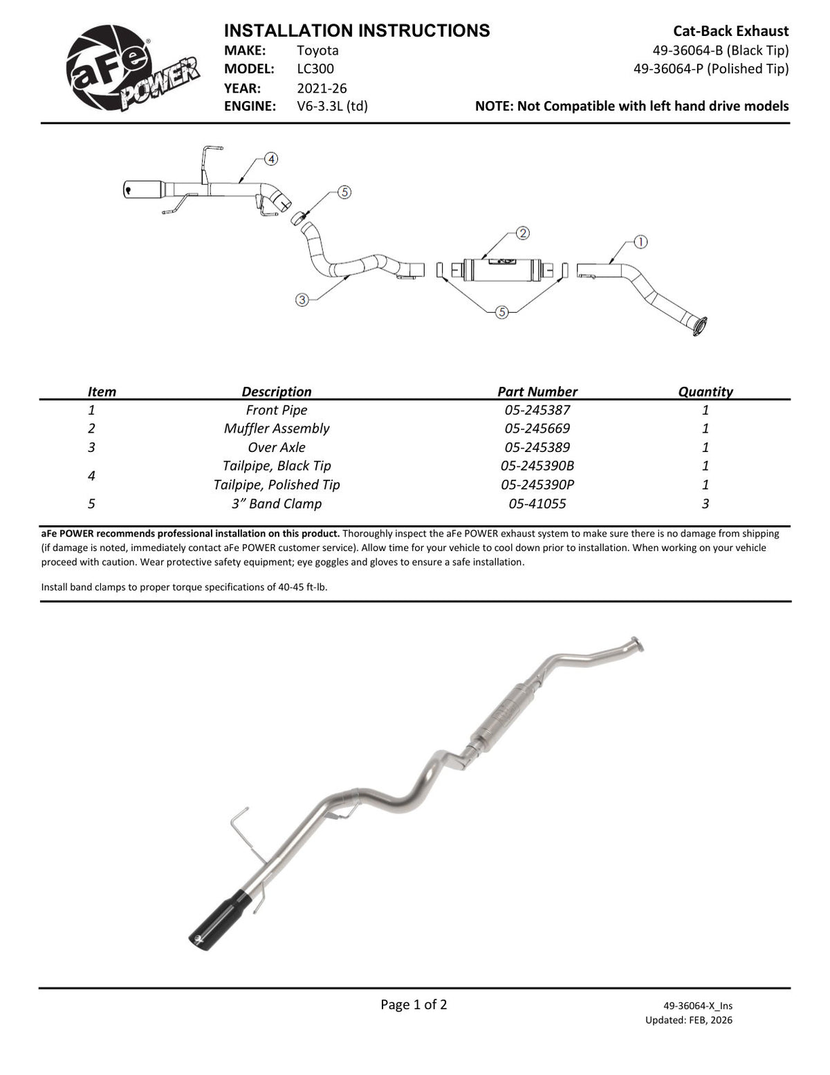 aFe 49-36064-P Vulcan Series 3in Cat-Back Exhaust System For Land Cruiser 22-26 V6 3.3L