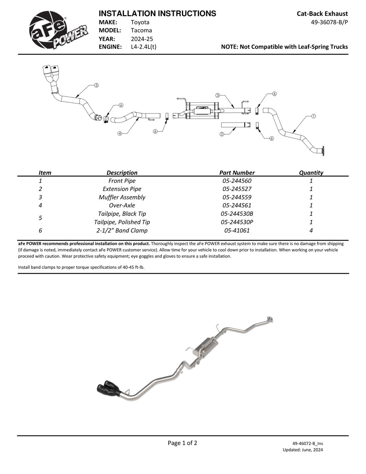 aFe Vulcan 2.5in-3in SS Cat-Back Exhaust w/ Black Tip | Toyota Tacoma L4-2.4L (24-25) (49-36078-B)