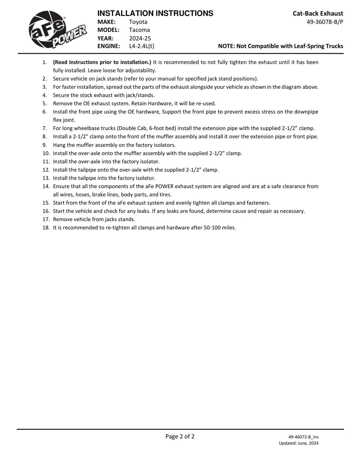 aFe Vulcan Series 2.5-3in SS Cat-Back Exhaust | Toyota Tacoma L4-2.4/2.5 (24-25) (49-36078-P)
