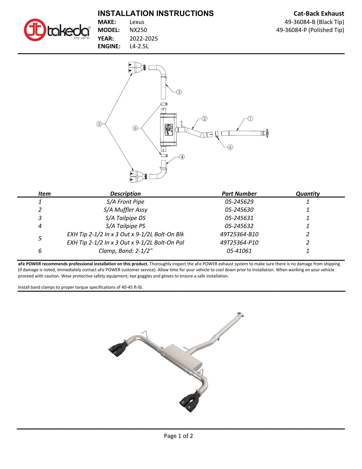 aFe 2.5L SS-304 Cat-Back Exhaust w/ Polished Tips | Lexus NX250 (22-25) (49-36084-P)