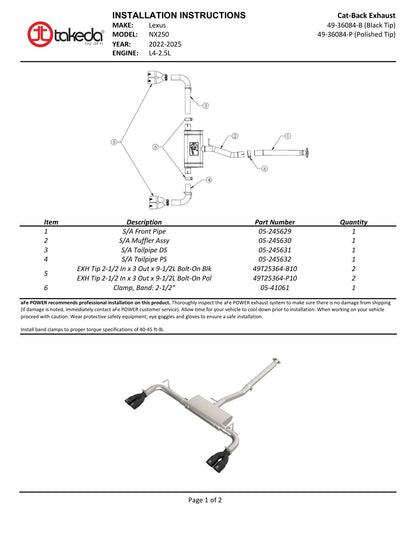 aFe 2.5L SS-304 Cat-Back Exhaust w/ Polished Tips | Lexus NX250 (22-25) (49-36084-P)