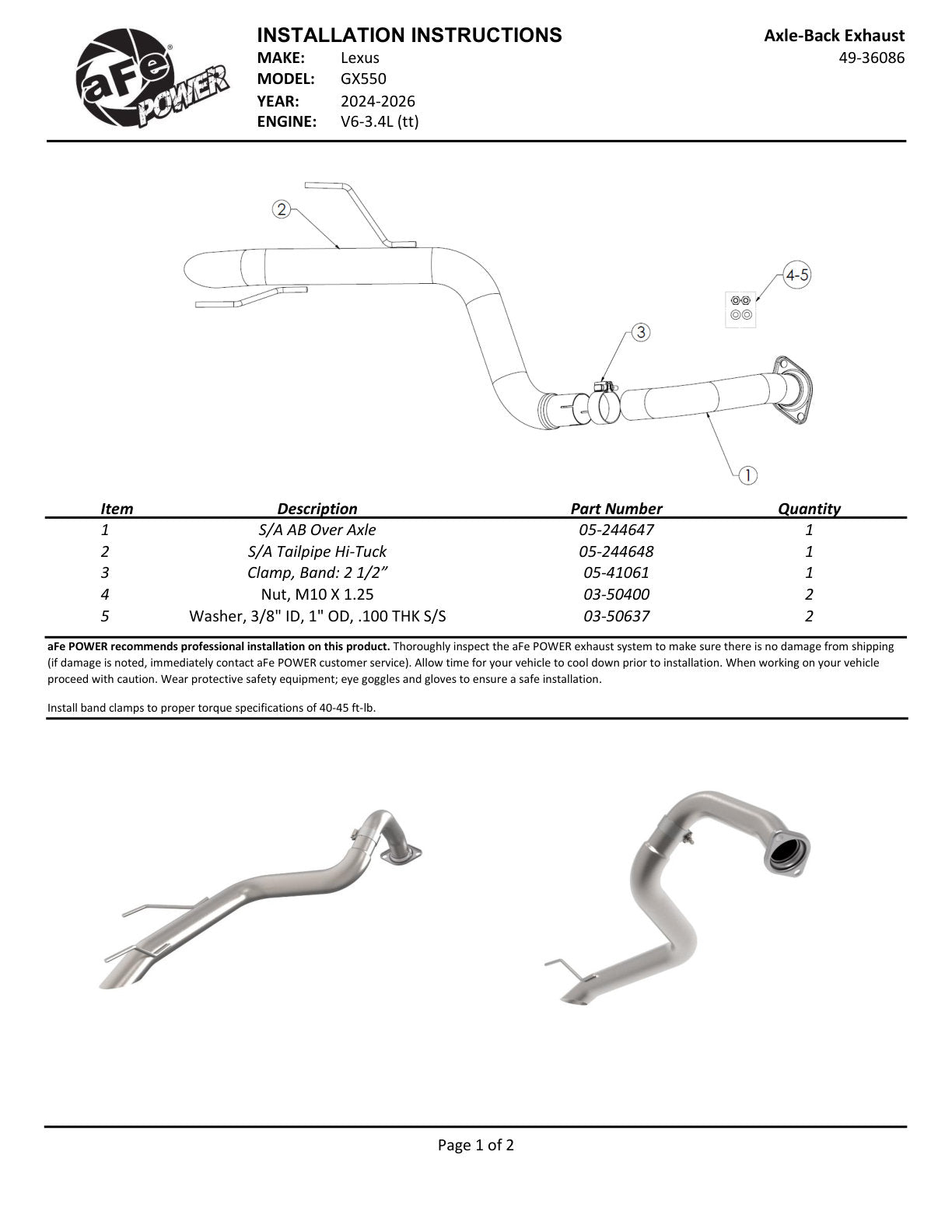 aFe 49-36086 Vulcan SS Axle-back Exhaust For Lexus GX550 24-26