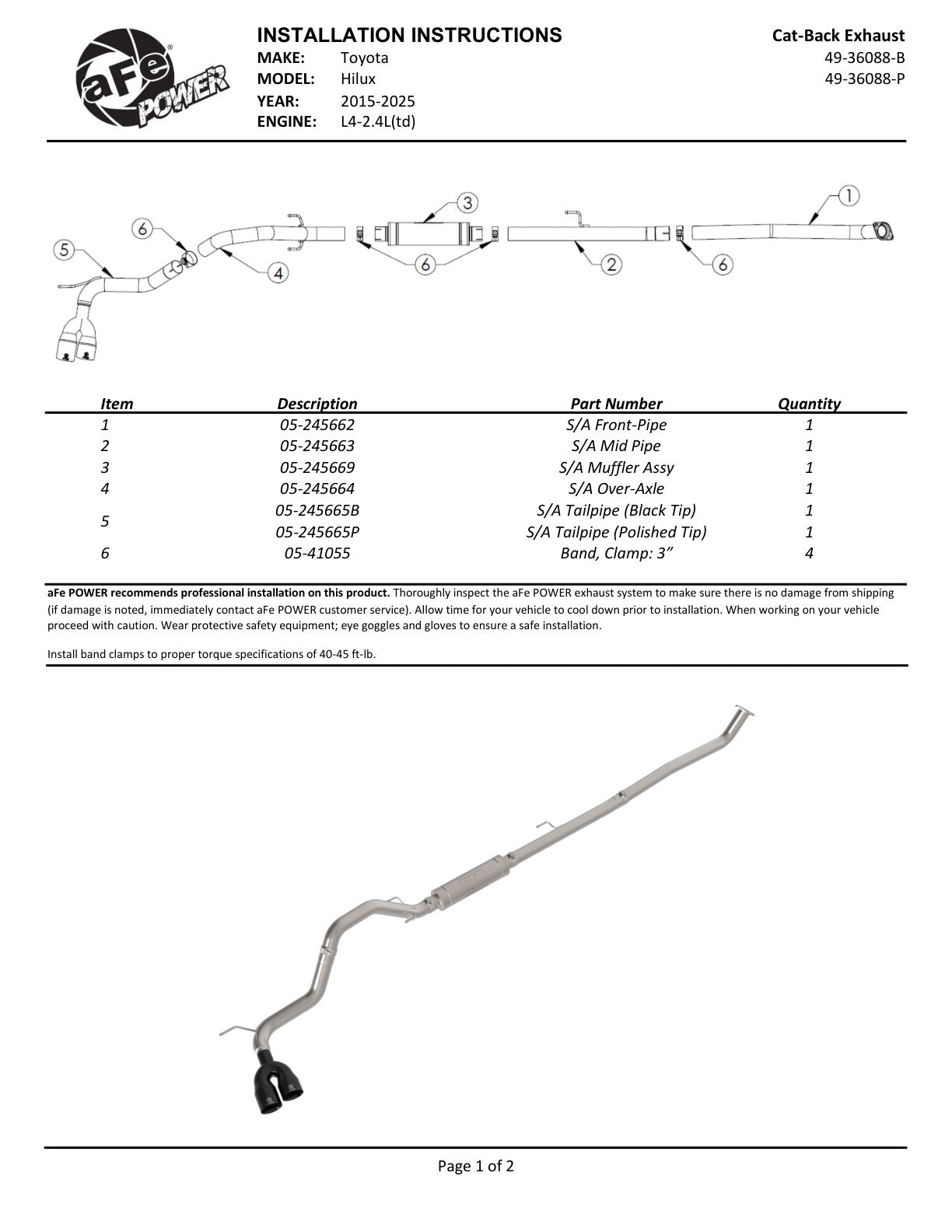 aFe 4936088-P Vulcan SS Exhaust 3in Rear Side Exit Toyota Hilux 15-26