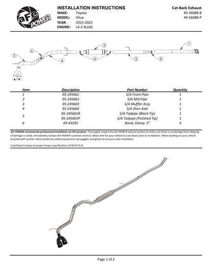 aFe 4936088-P Vulcan SS Exhaust 3in Rear Side Exit Toyota Hilux 15-26
