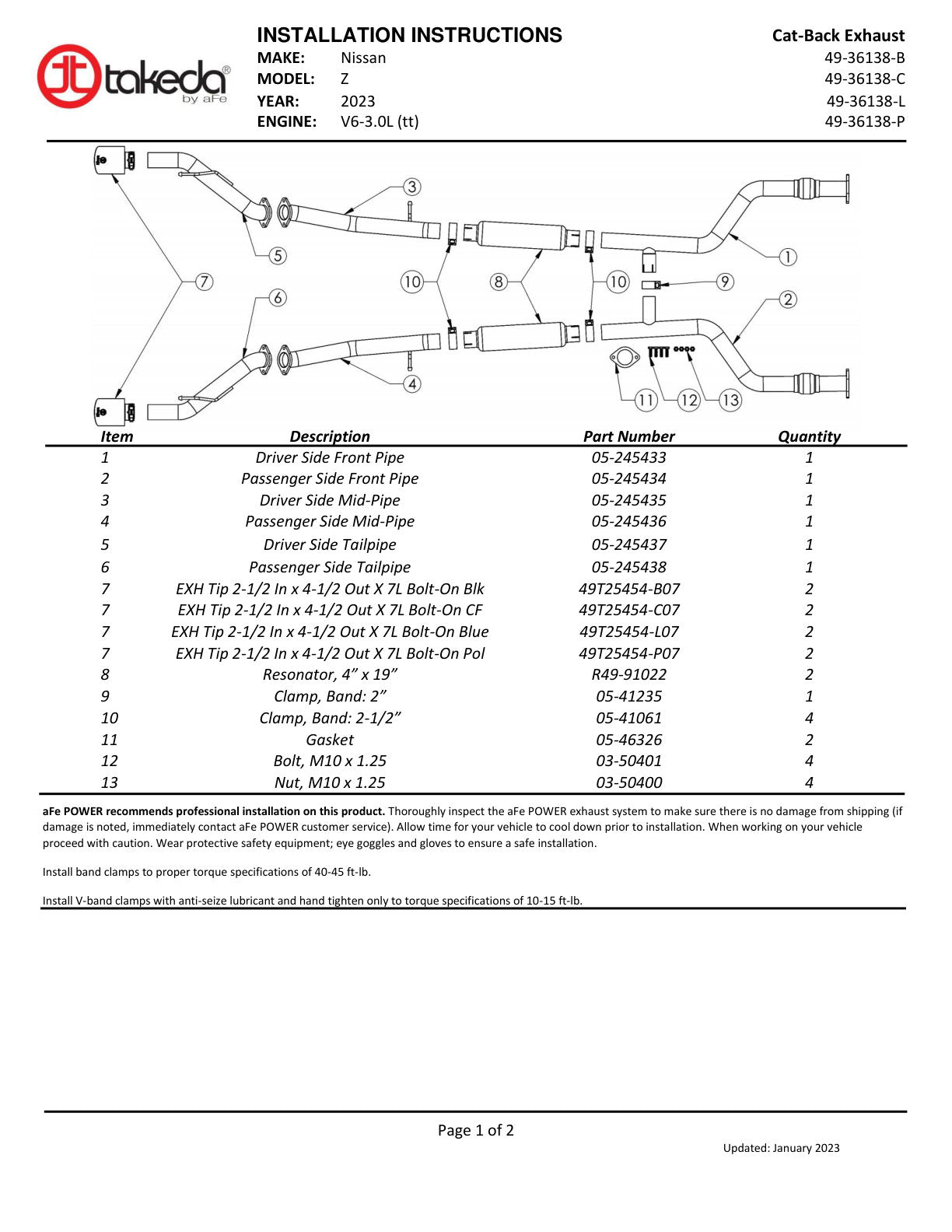 aFe Takeda 2.5in SS Cat-Back Exhaust | Nissan Z (23+) (49-36138-P)