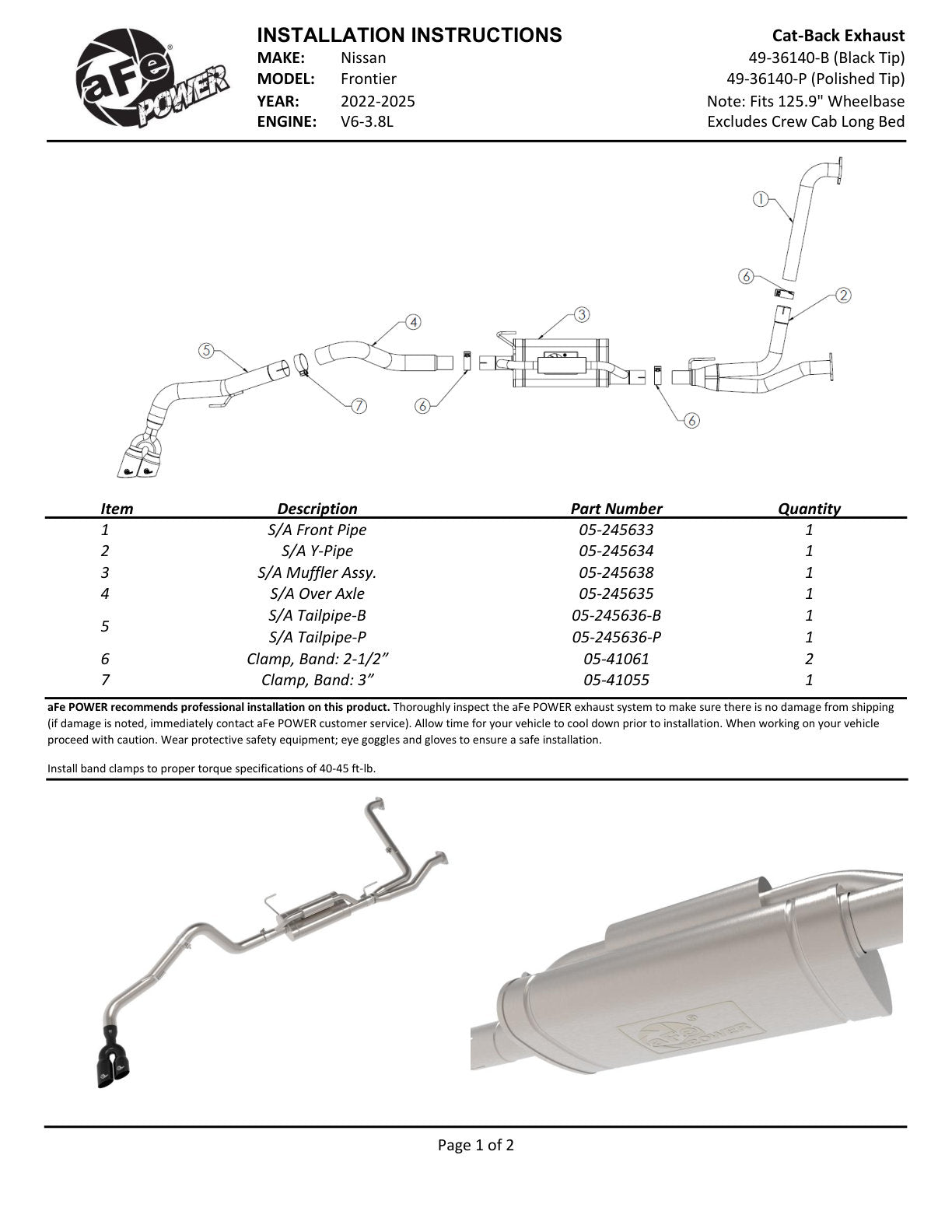 aFe 49-36140-B Vulcan SS Cat-back Exhaust w/ Black Tips For Nissan 22+