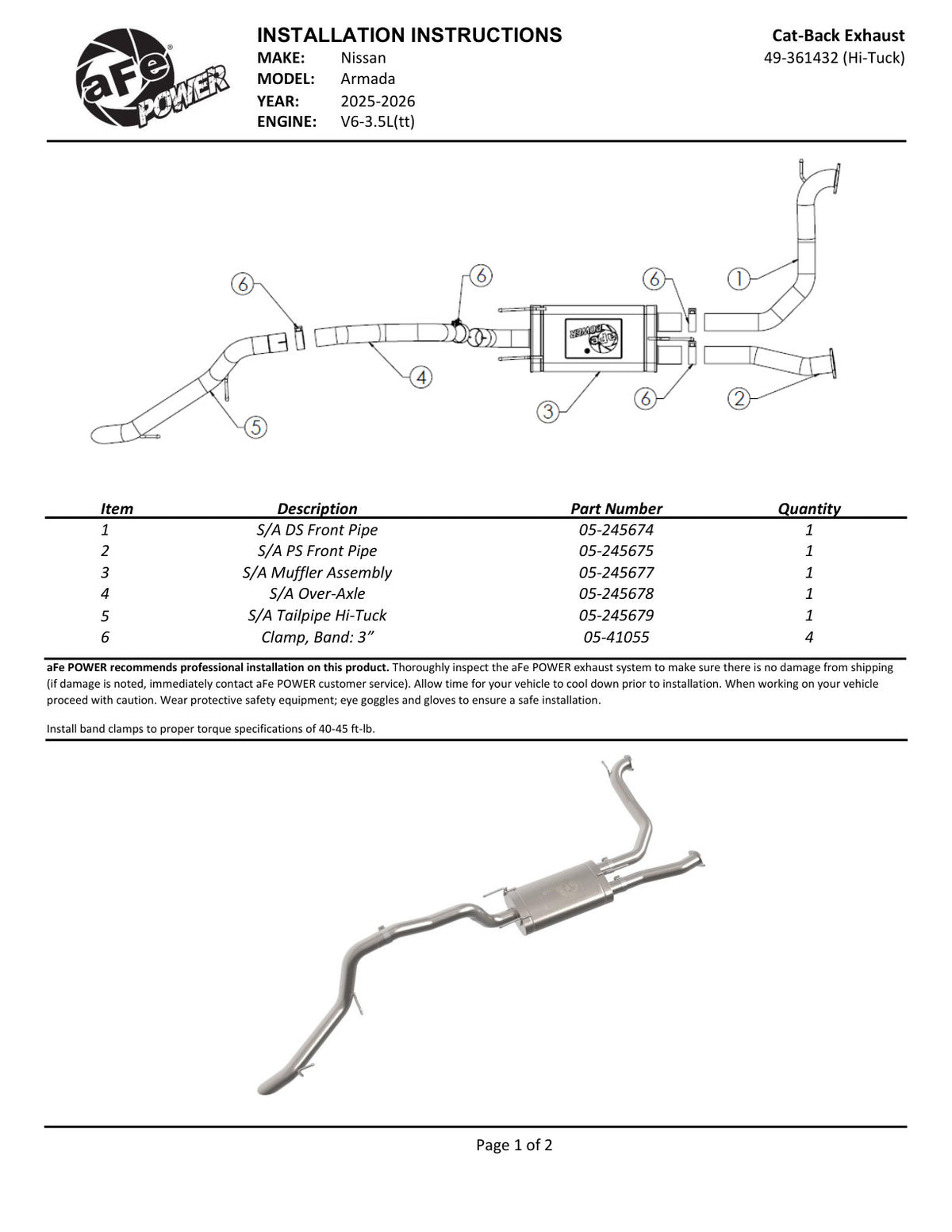aFe 49-36142 Vulcan Series 3in Stnless Steel Cat-Back Exhaust For Nissan Armada 25-26 V6 3.5L