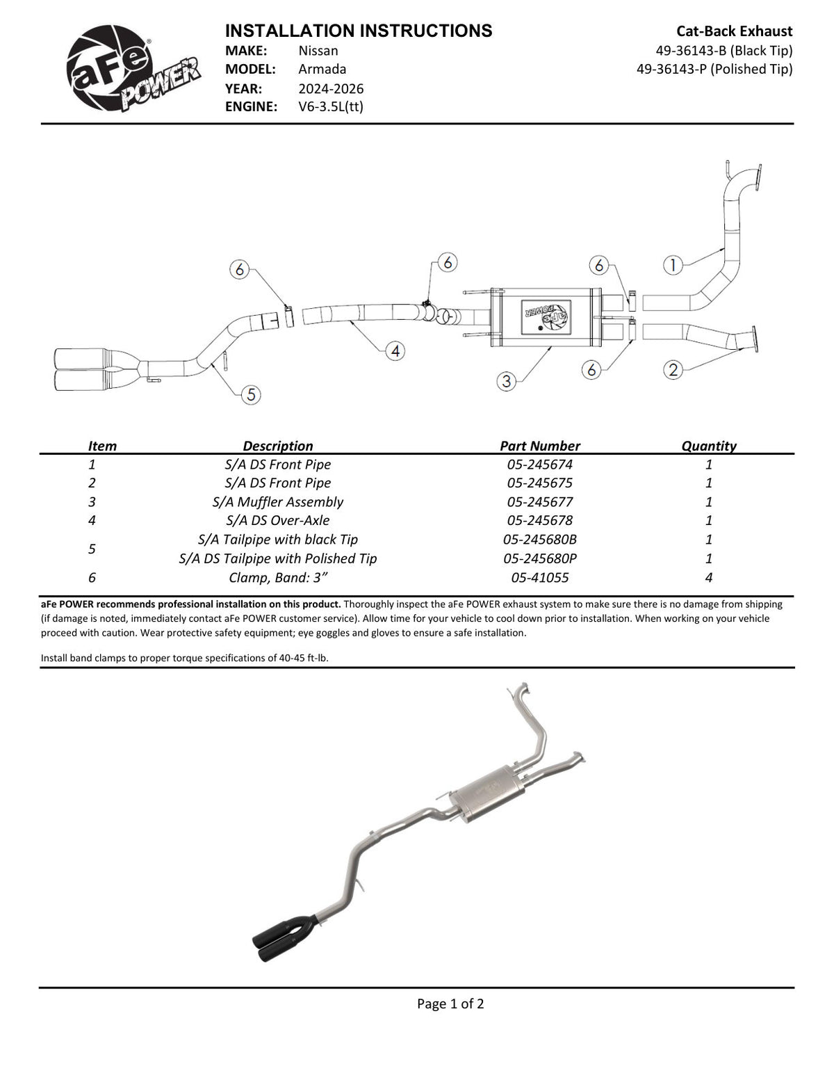 aFe 49-36143-B Cat-Back Exhaust 3in SS Black Tip For Nissan Armada 25-26