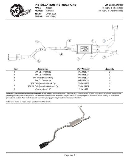 aFe 49-36143-B Cat-Back Exhaust 3in SS Black Tip For Nissan Armada 25-26