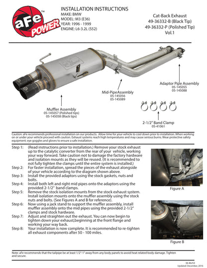 aFe 2.5in Stainless Steel Cat-Back Exhaust System w/ Black Tip | BMW M3 L6 3.2L (96-99) (49-36332-B)