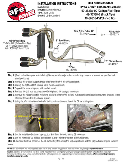 aFe 2.5in SS Axle-Back Exhaust w/ CF Tips | BMW M3/M4 (F80/82/83) (15-19) (49-36338-1C)