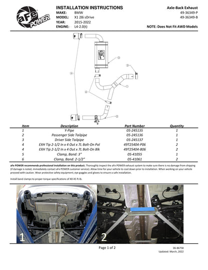 aFe MACH Force-Xp 3-2.1/2in SS Axle-Back Exhaust | BMW X1 (15-21) (49-36349-B)