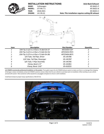aFe MACH Force-Xp 3in to 2.5in SS Axle-Back Exhaust | VW GTI MK7.5 (18-20) (49-36421-P)