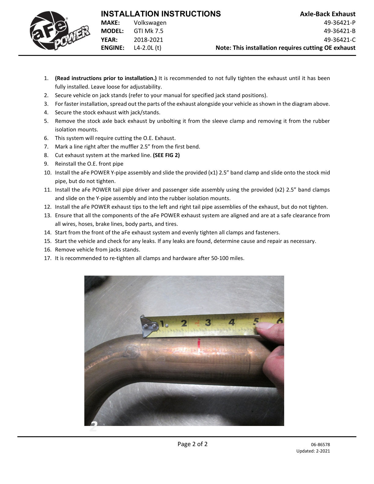 aFe MACH Force-Xp 3in to 2.5in SS Axle-Back Exhaust | VW GTI MK7.5 (18-20) (49-36421-P)