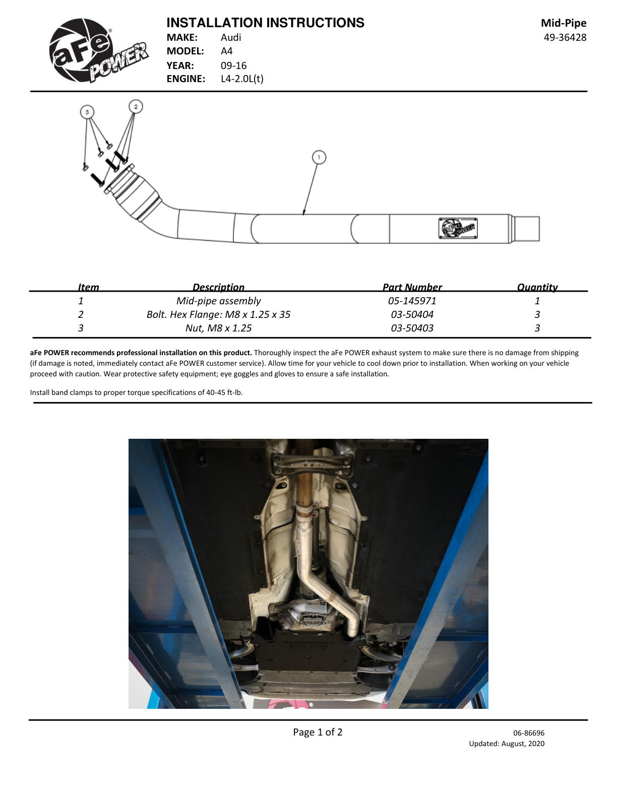 aFe MACH Force-Xp 3in SS Front Resonator Delete Pipe | Audi A4/A5 B8 2.0L (09-16) (49-36428)
