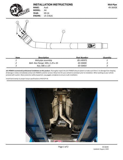 aFe MACH Force-Xp 3in SS Front Resonator Delete Pipe | Audi A4/A5 B8 2.0L (09-16) (49-36428)