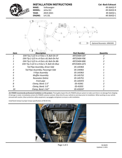 aFe MACH Force-Xp 3in to 2.5in SS Cat-Back Exhaust VW Jetta GLI (19-21) (49-36432-P)